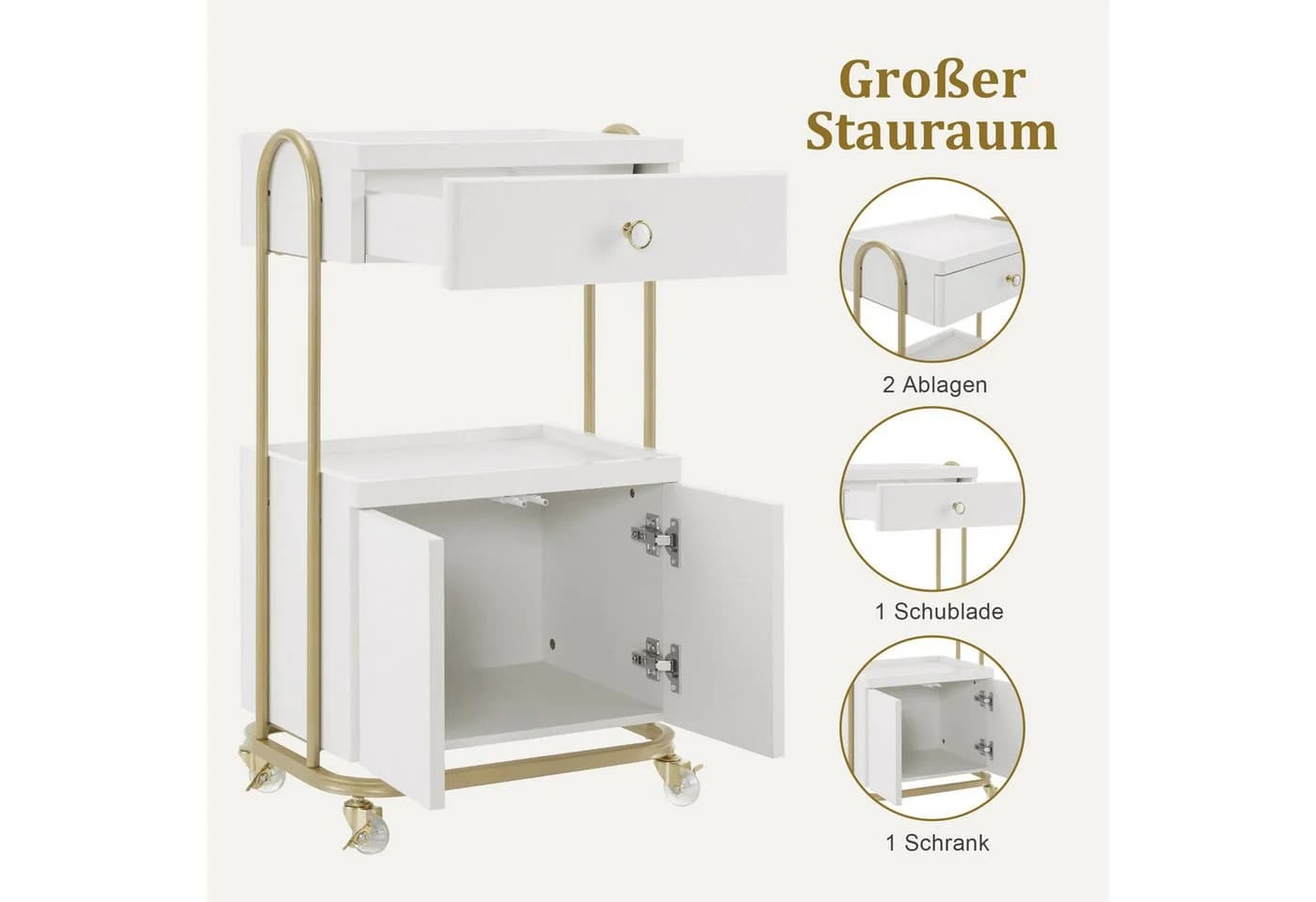 MCombo Servierwagen 3 Schubladen Weiß-Gold Rollen - Bild 4