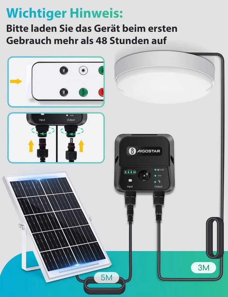 Aigostar LED Solarleuchte Außen Decke Wand IP65 Fernbedienung 8m Kabel - Bild 5