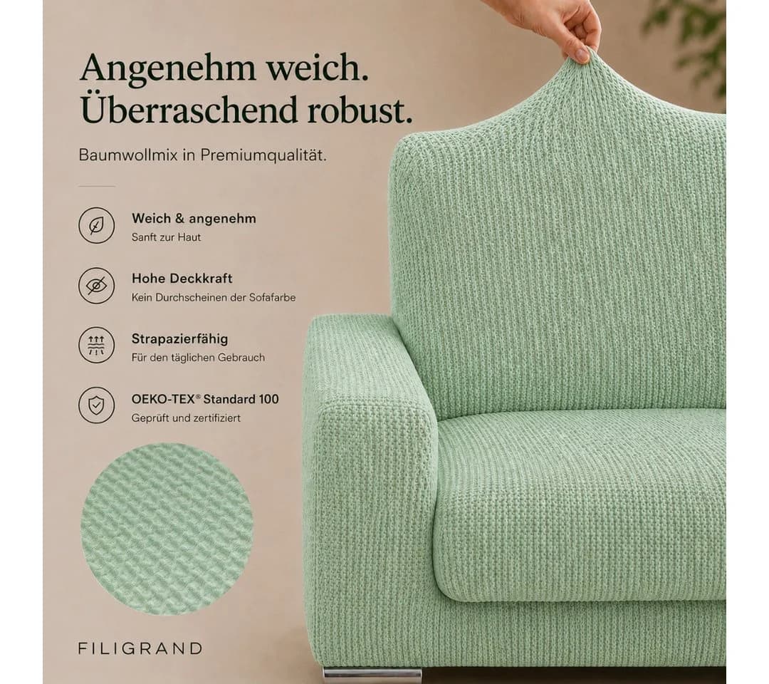 Belmarti Sofahusse 1-teilig für L-Form mit Ottomane, Baumwollmix, Grün - Bild 3