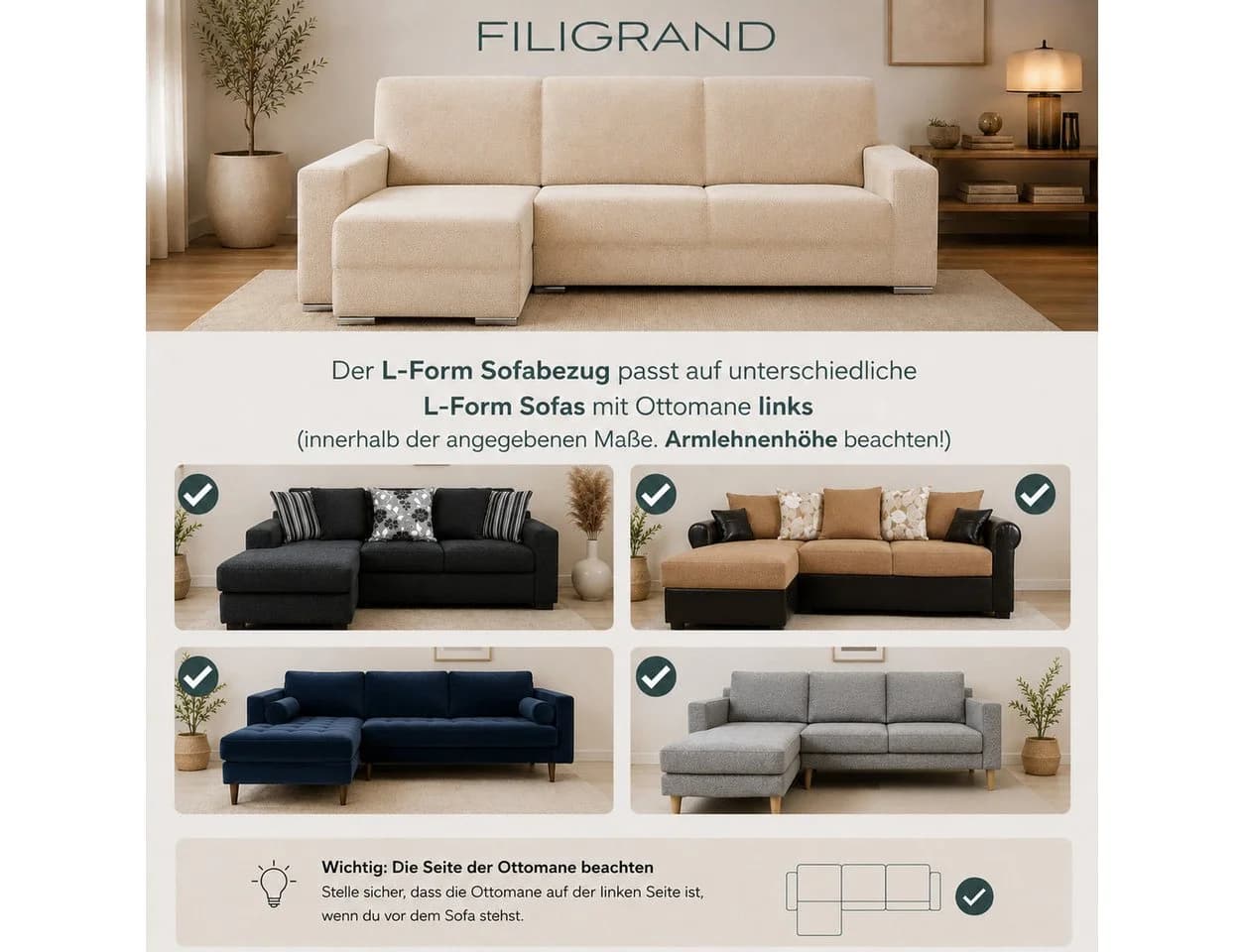 Belmarti Sofahusse 1-teilig für L-Form mit Ottomane, Baumwollmix, Grün - Bild 5