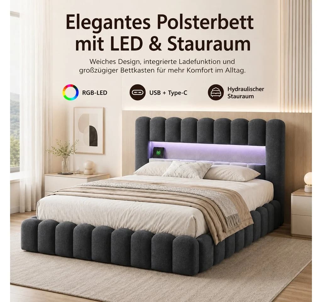 Simurq Polsterbett 140x200 cm Grau mit LED, Stauraum & USB