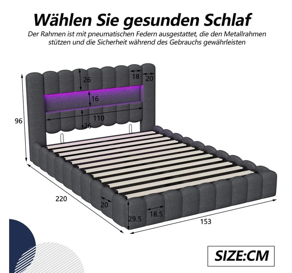 Simurq Polsterbett 140x200 cm Grau mit LED, Stauraum & USB - Bild 5
