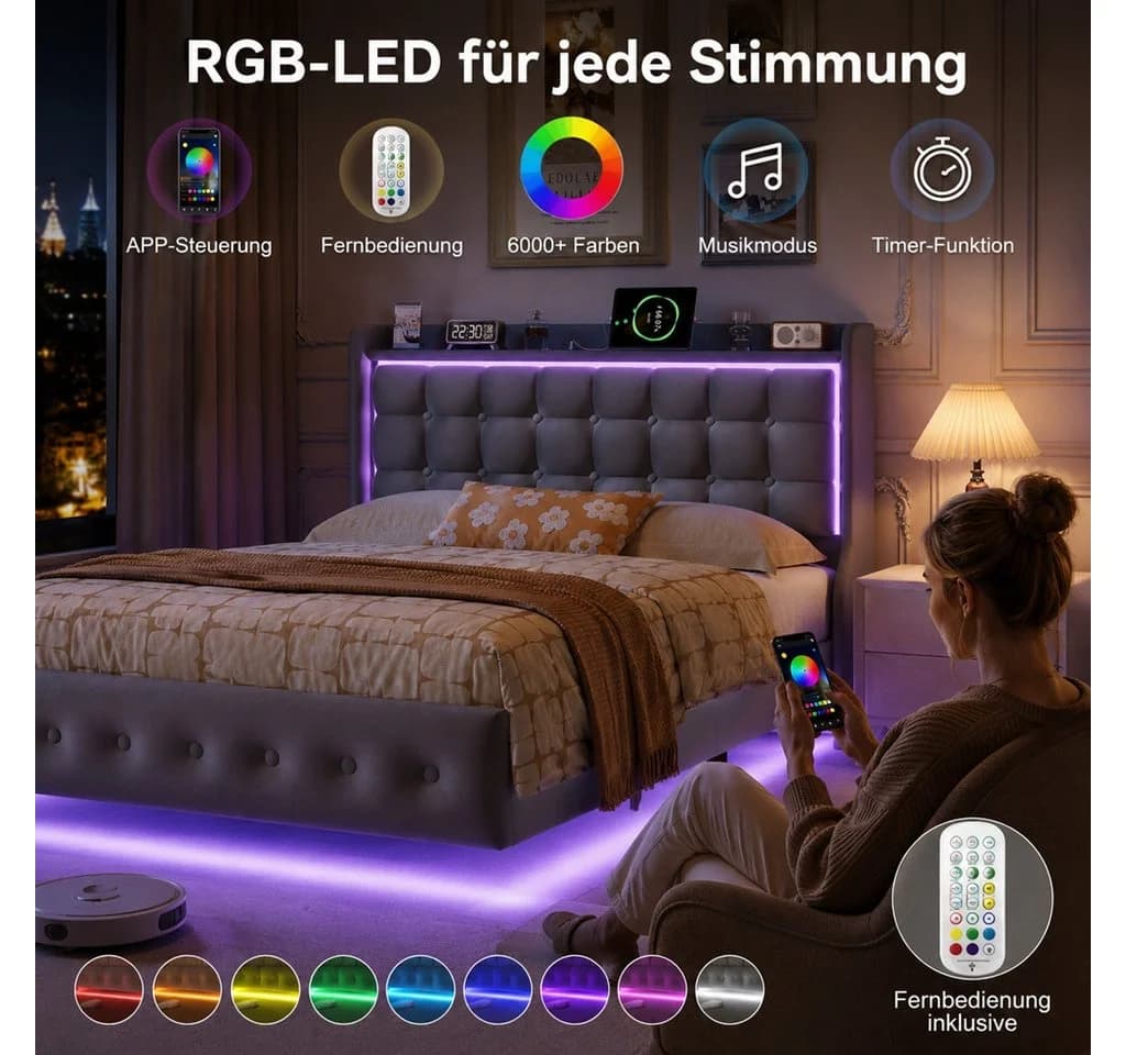 Simurq Polsterbett Grau Samt mit LED-Beleuchtung und USB