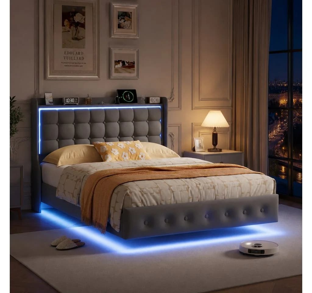 Simurq Polsterbett Grau Samt mit LED-Beleuchtung und USB - Bild 2