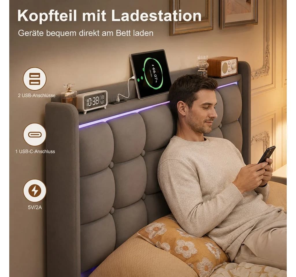 Simurq Polsterbett Grau Samt mit LED-Beleuchtung und USB - Bild 3