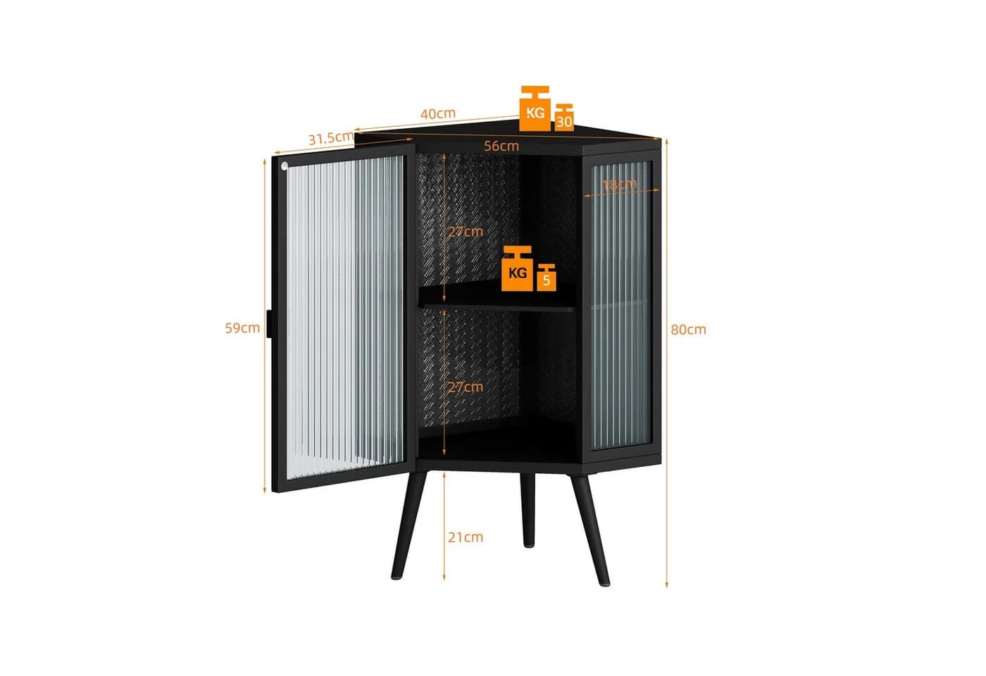 Celya Eck-Unterschrank mit Glas-Tür und verstellbarem Regal, Schwarz