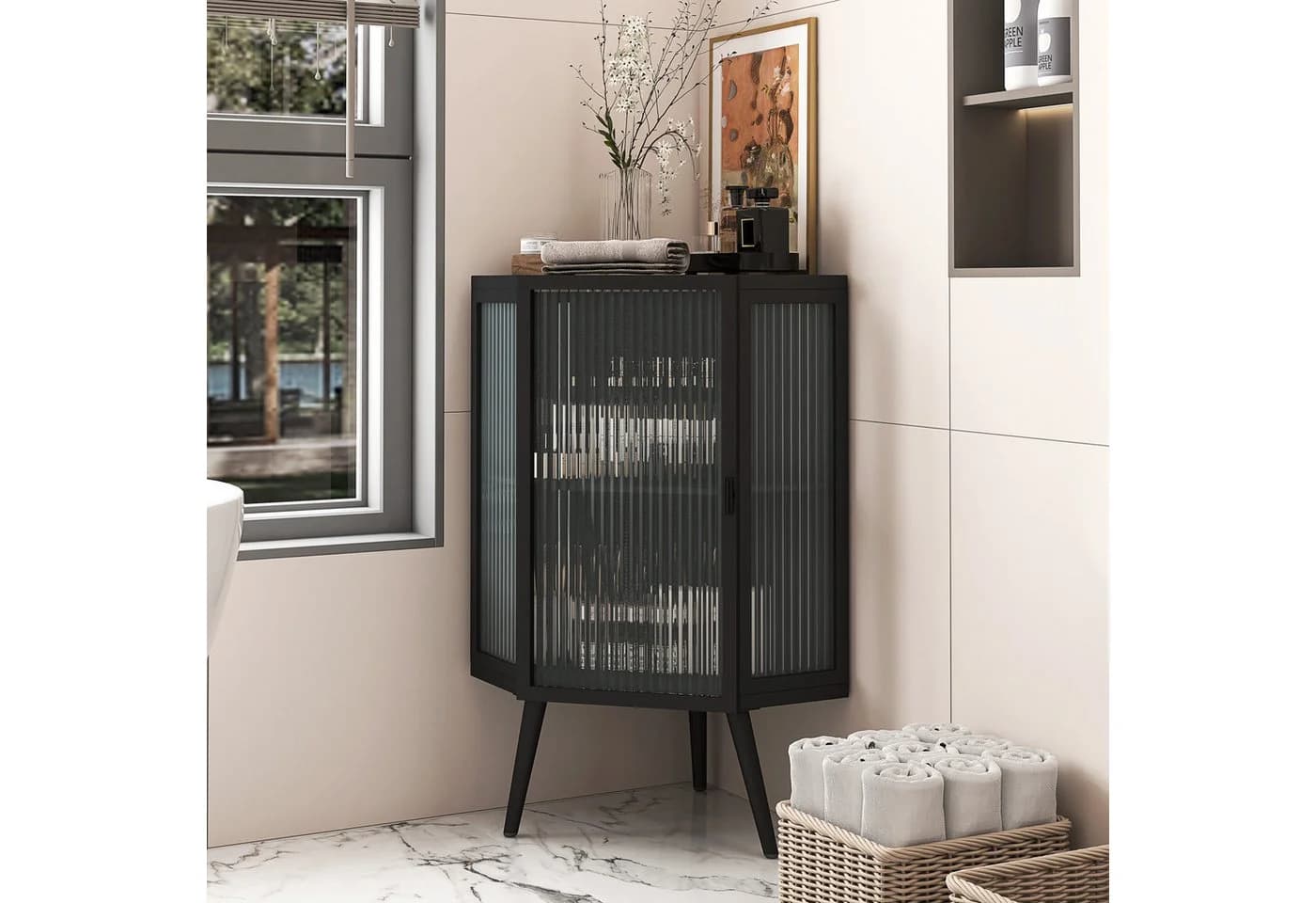 Celya Eck-Unterschrank mit Glas-Tür und verstellbarem Regal, Schwarz - Bild 3