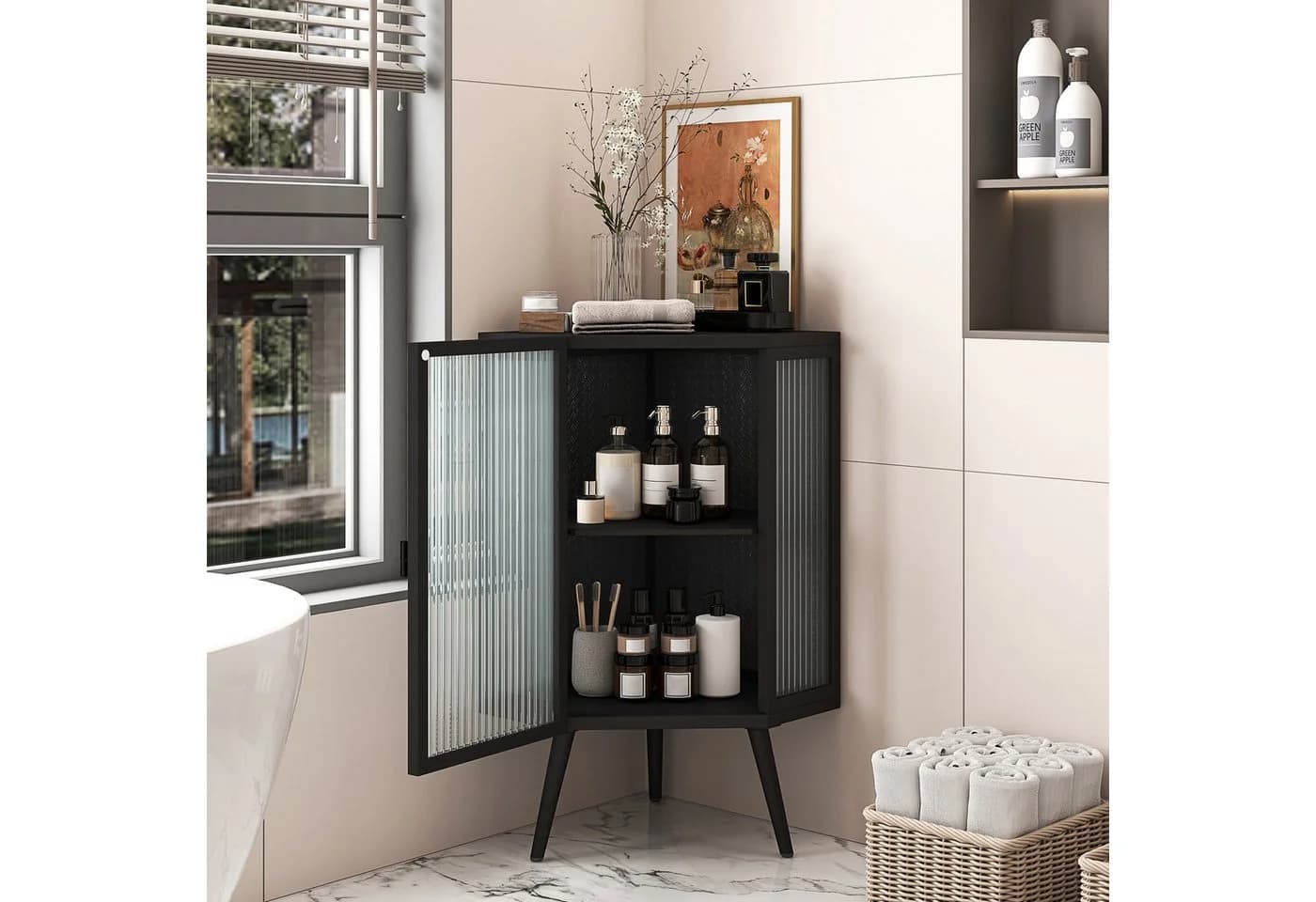 Celya Eck-Unterschrank mit Glas-Tür und verstellbarem Regal, Schwarz - Bild 4
