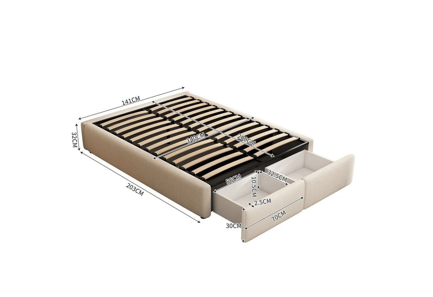 Celya Polsterbett Plattformbett Beige mit 2 Schubladen - Bild 4