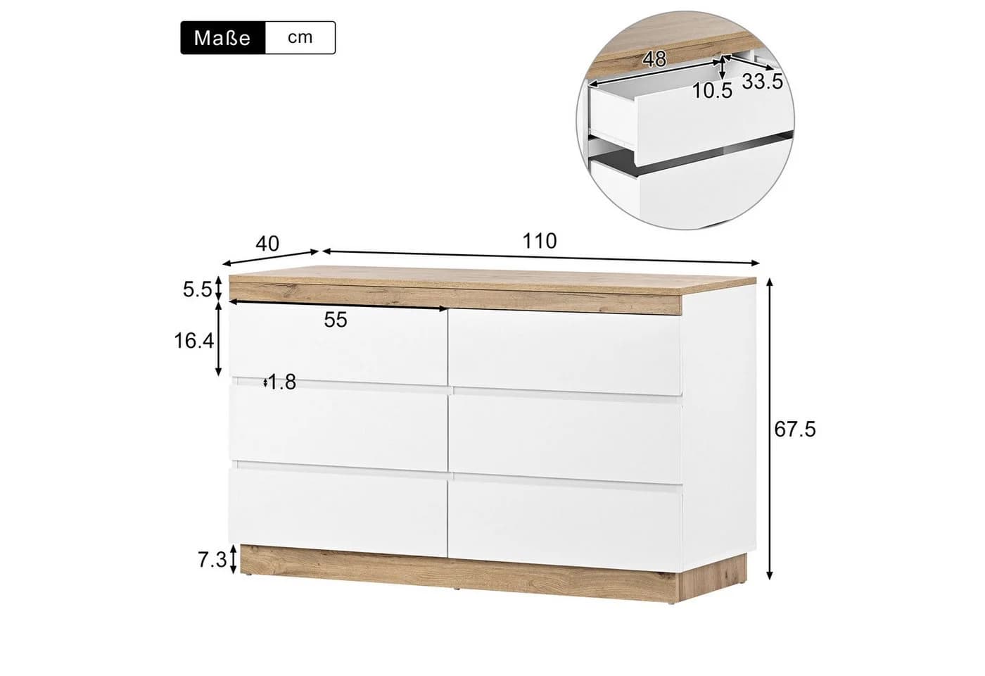 Celya Sideboard Kommode 6 Schubladen Weiß Modern