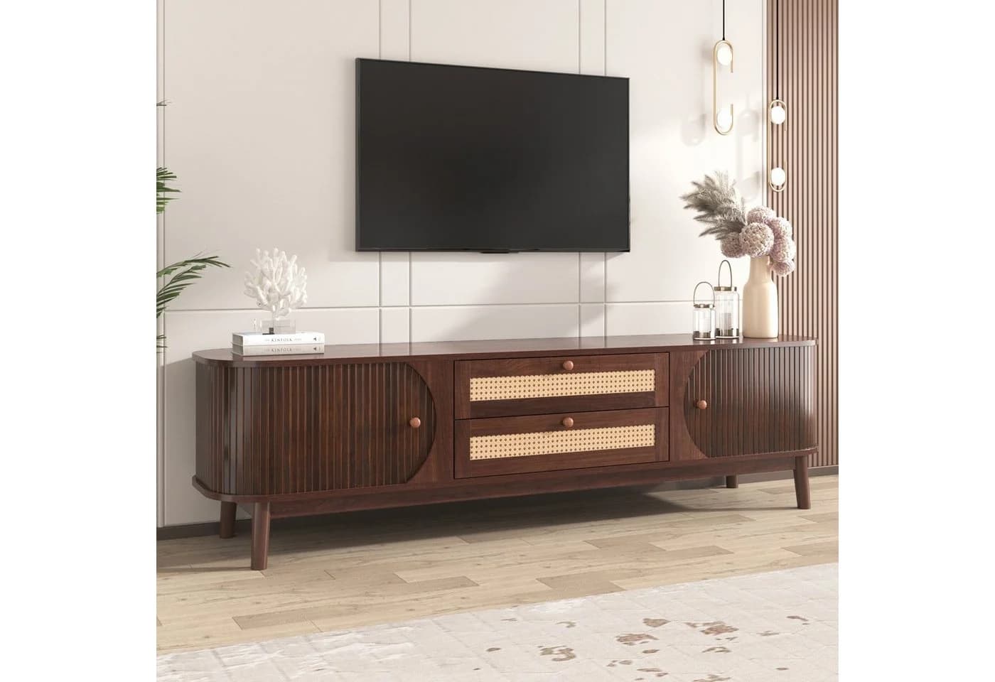 Celya TV-Schrank Braun mit Rattanseiten und Schiebetüren - Bild 3
