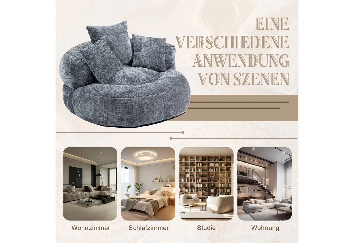Celya Sitzsack Lazy Sofa Grau mit 3 Kissen Ergonomisch - Bild 4