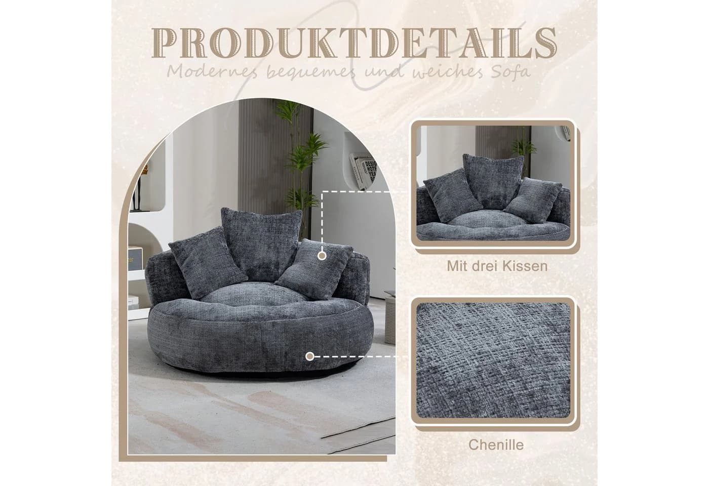 Celya Sitzsack Lazy Sofa Grau mit 3 Kissen Ergonomisch - Bild 5