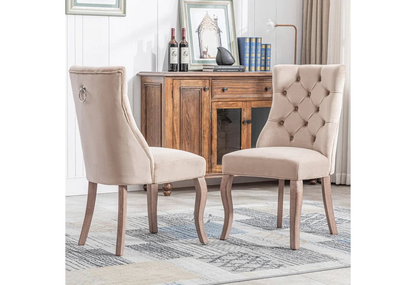 Celya Esszimmerstuhl Beige Samt mit Knopfsteppung & Massivholzgestell - Bild 3