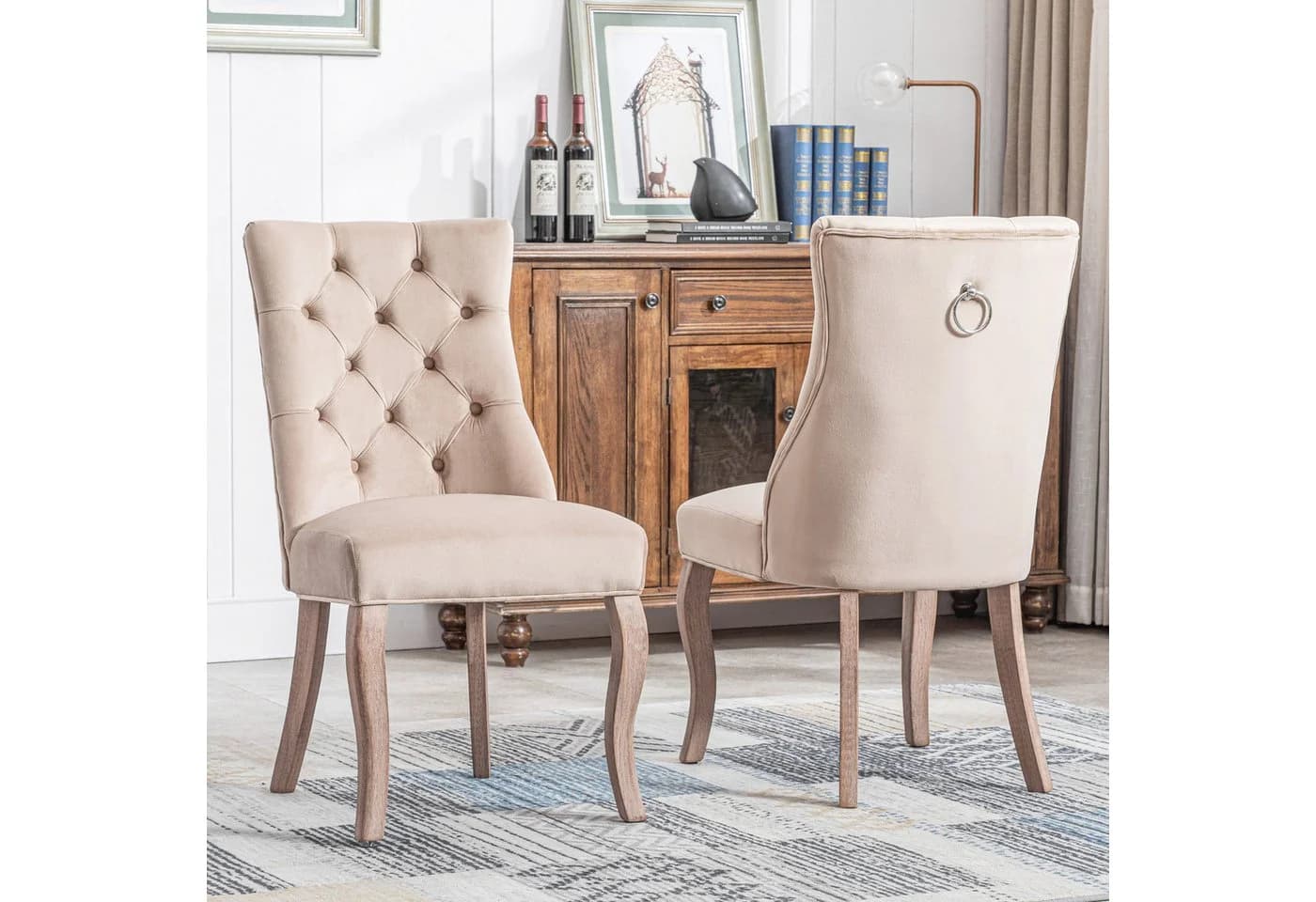 Celya Esszimmerstuhl Beige Samt mit Knopfsteppung & Massivholzgestell - Bild 4