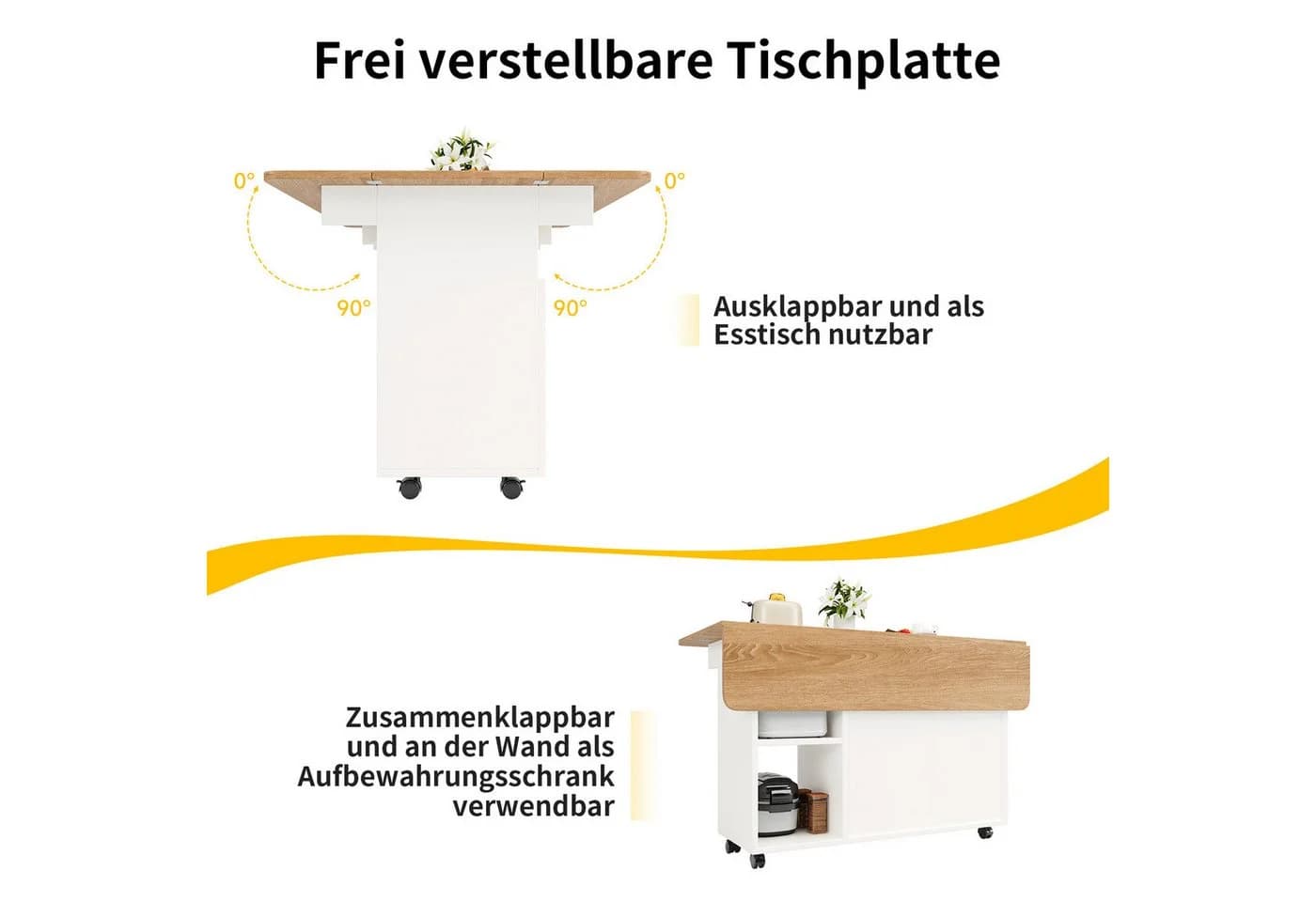 Celya Kücheninsel Klappbar Weiß Schwarz mit Stauraum & Rollen