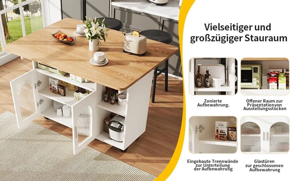 Celya Kücheninsel Klappbar Weiß Schwarz mit Stauraum & Rollen - Bild 4