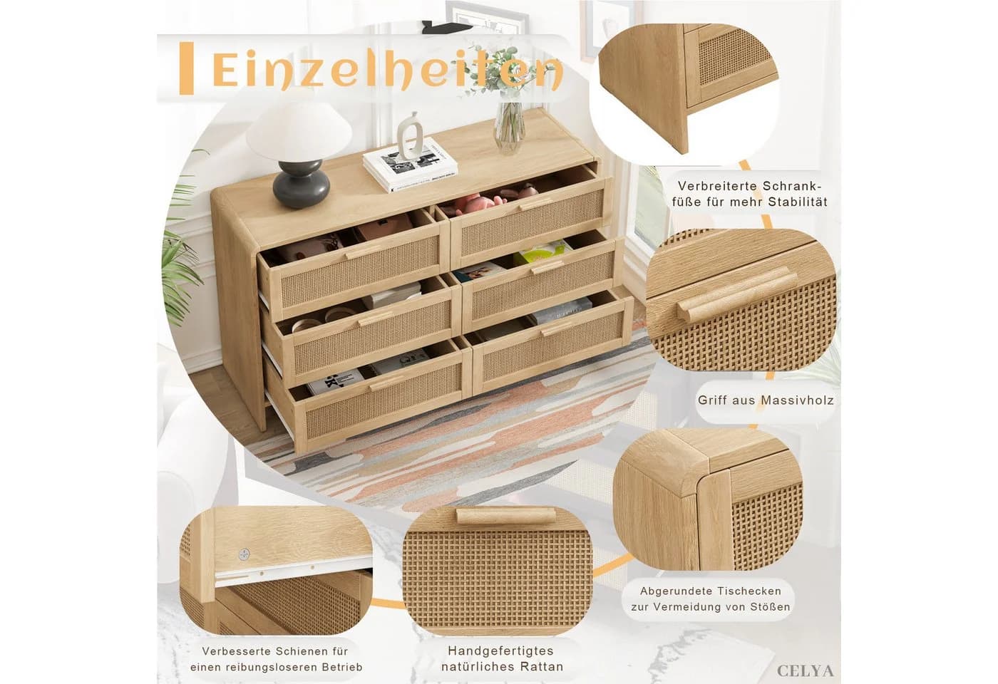 Celya Kommode 130cm Rattan Kommode mit 6 Schubladen - Bild 3
