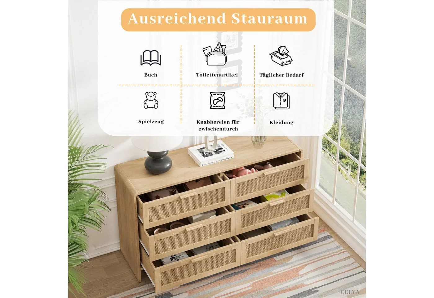Celya Kommode 130cm Rattan Kommode mit 6 Schubladen - Bild 4