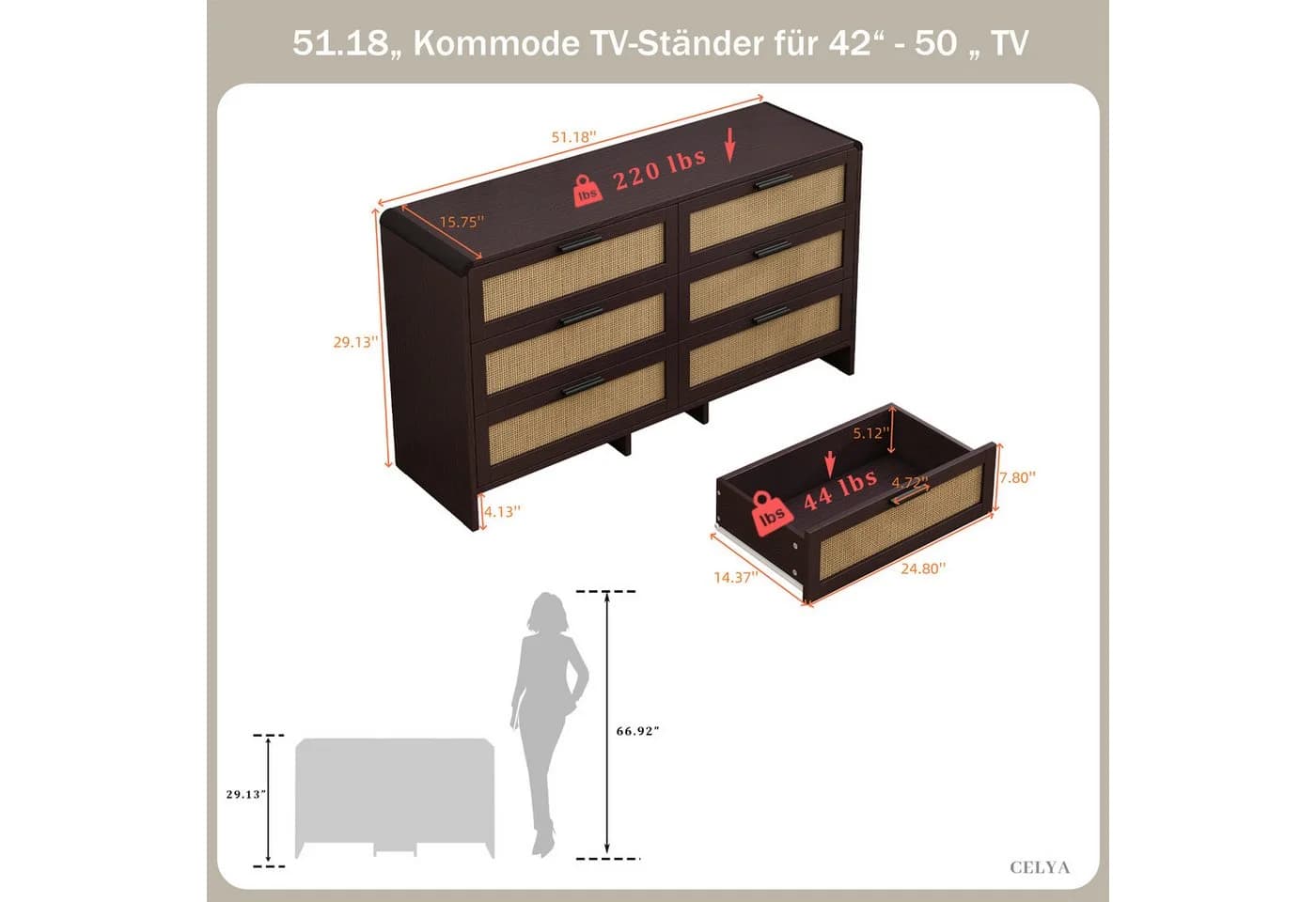Celya Kommode 130cm Rattan Kommode mit 6 Schubladen Braun