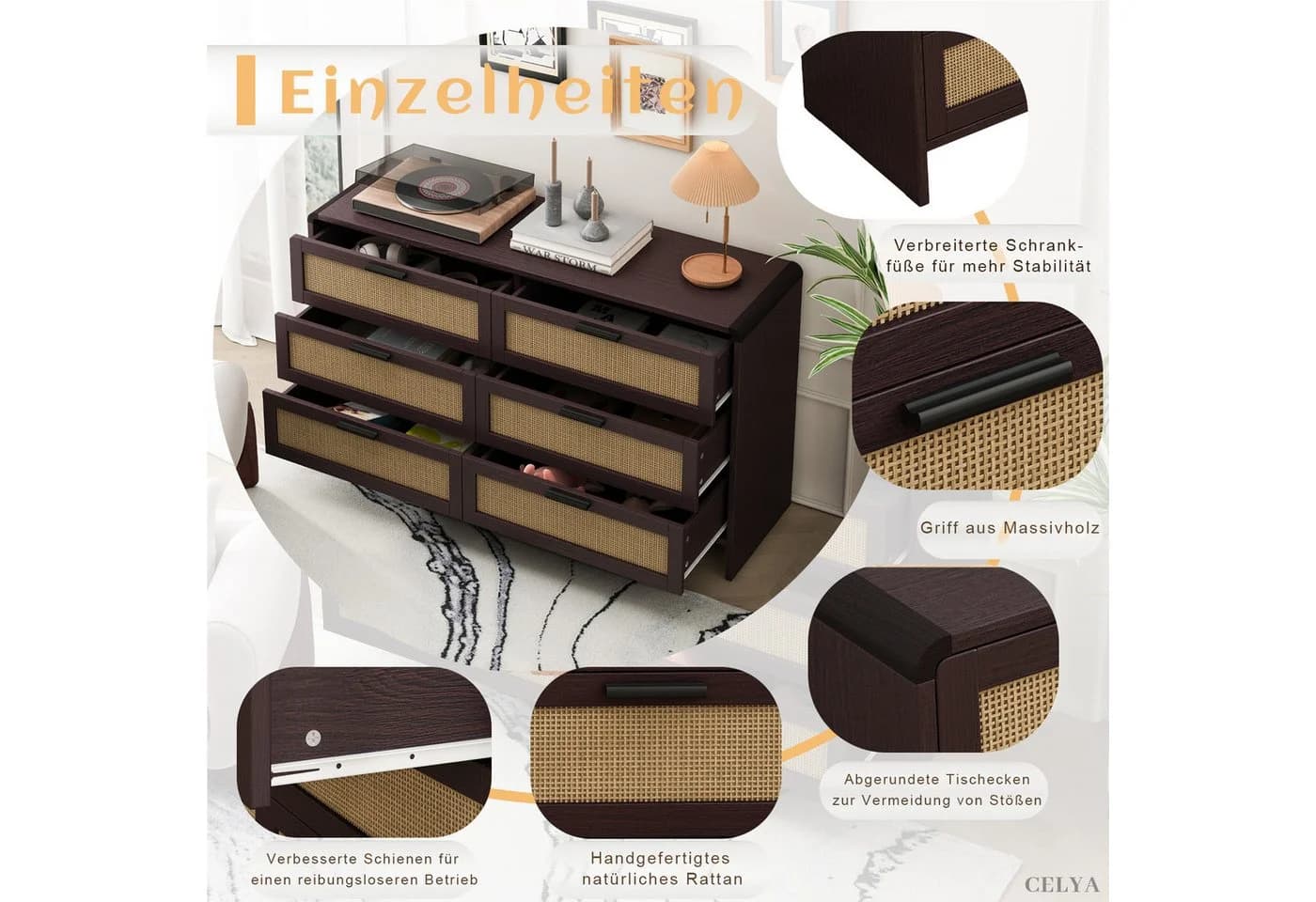 Celya Kommode 130cm Rattan Kommode mit 6 Schubladen Braun - Bild 3
