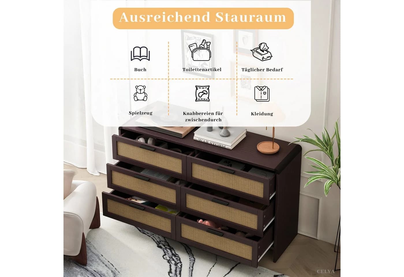 Celya Kommode 130cm Rattan Kommode mit 6 Schubladen Braun - Bild 4