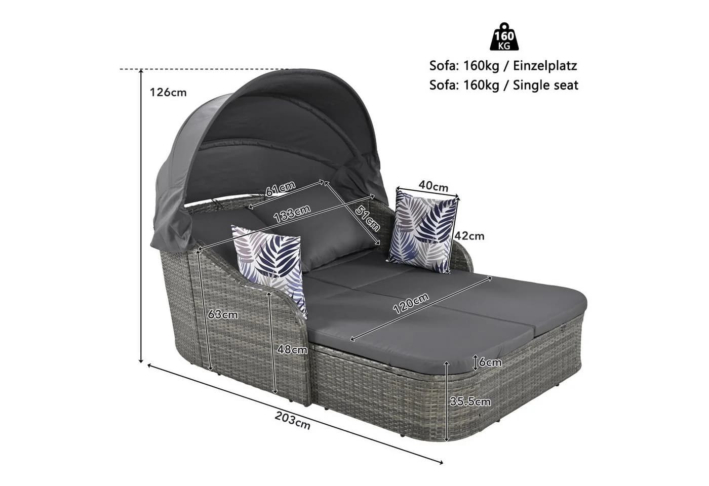 Celya Sonneninsel Outdoor Grau PE-Rattan mit verstellbarem Baldachin
