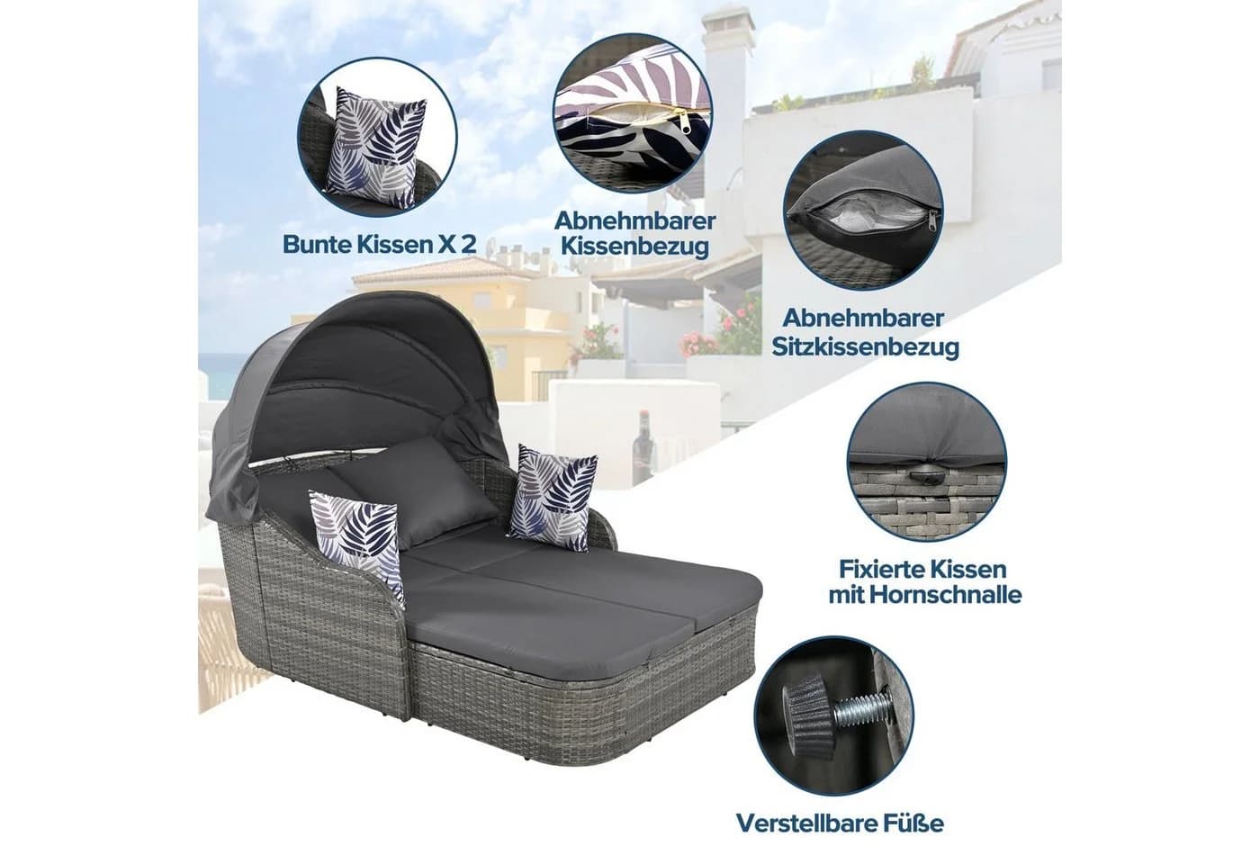 Celya Sonneninsel Outdoor Grau PE-Rattan mit verstellbarem Baldachin - Bild 4