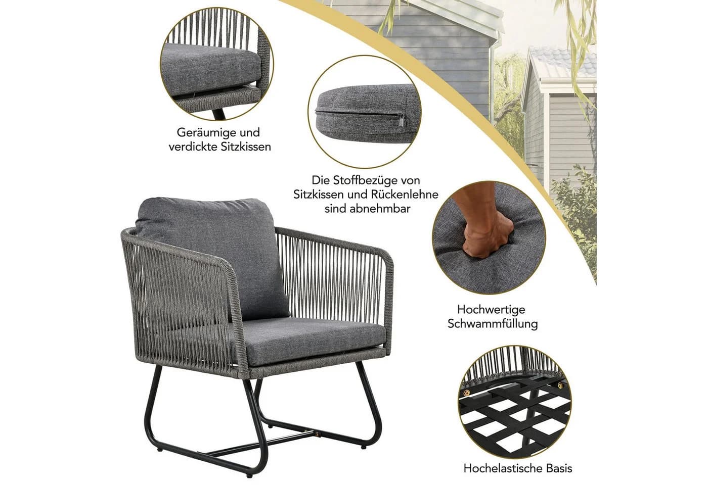 Celya Gartenlounge-Set 5-tlg. Grau Seil mit Glasplatte - Bild 5
