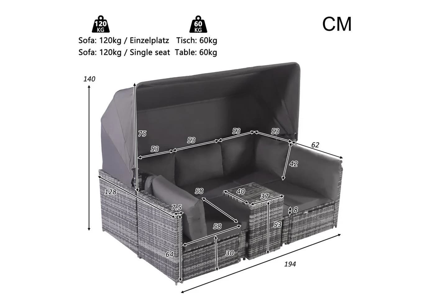 Celya Gartenlounge-Set mit Sonnendach grau Rattan