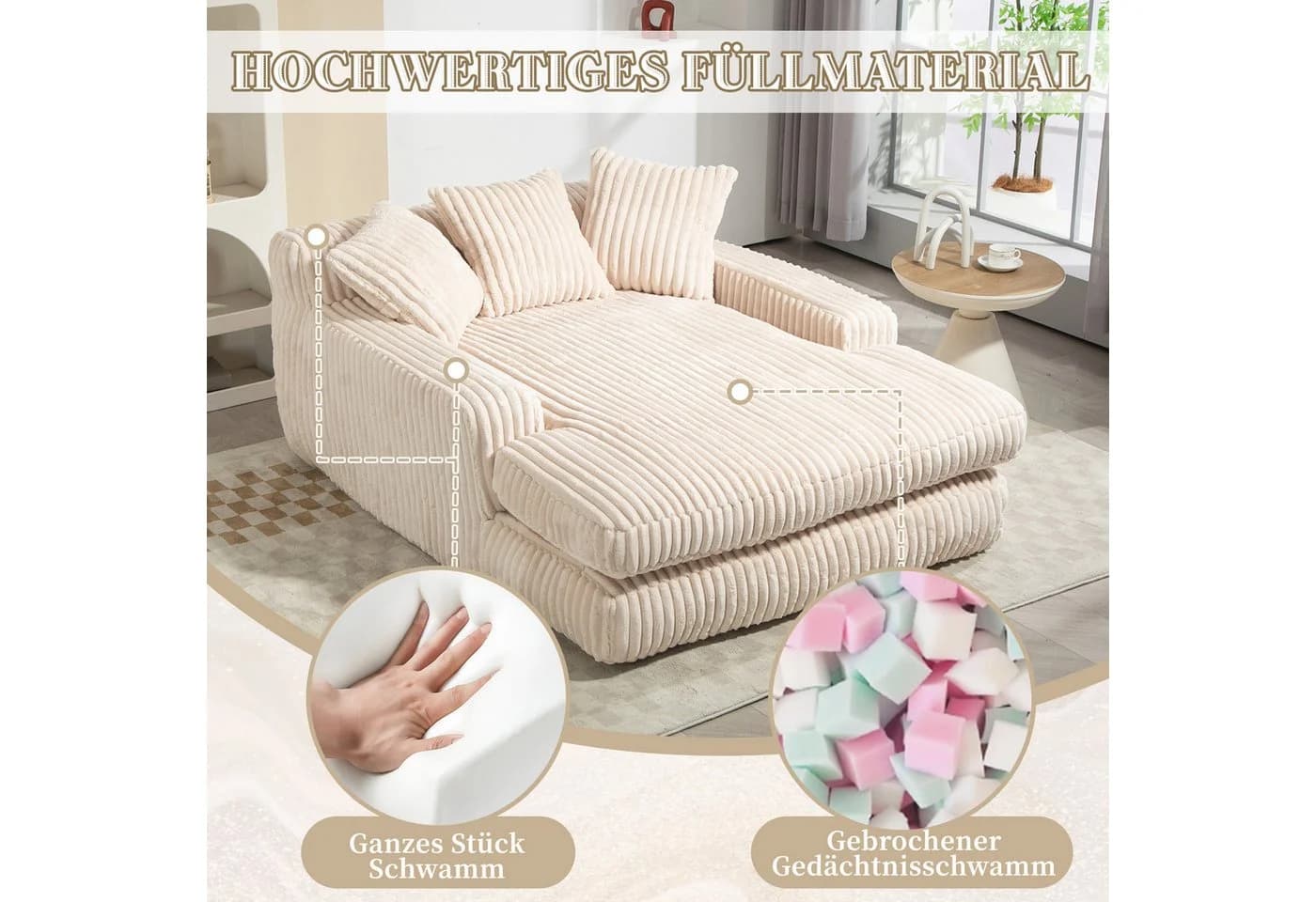 Celya Sofa Cord-Schlafsofa mit 3 Kissen Beige Einzelsitz-Bodensofa Loungesofa - Bild 3