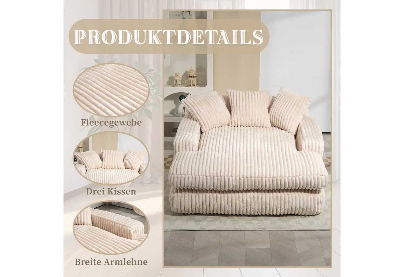 Celya Sofa Cord-Schlafsofa mit 3 Kissen Beige Einzelsitz-Bodensofa Loungesofa - Bild 4