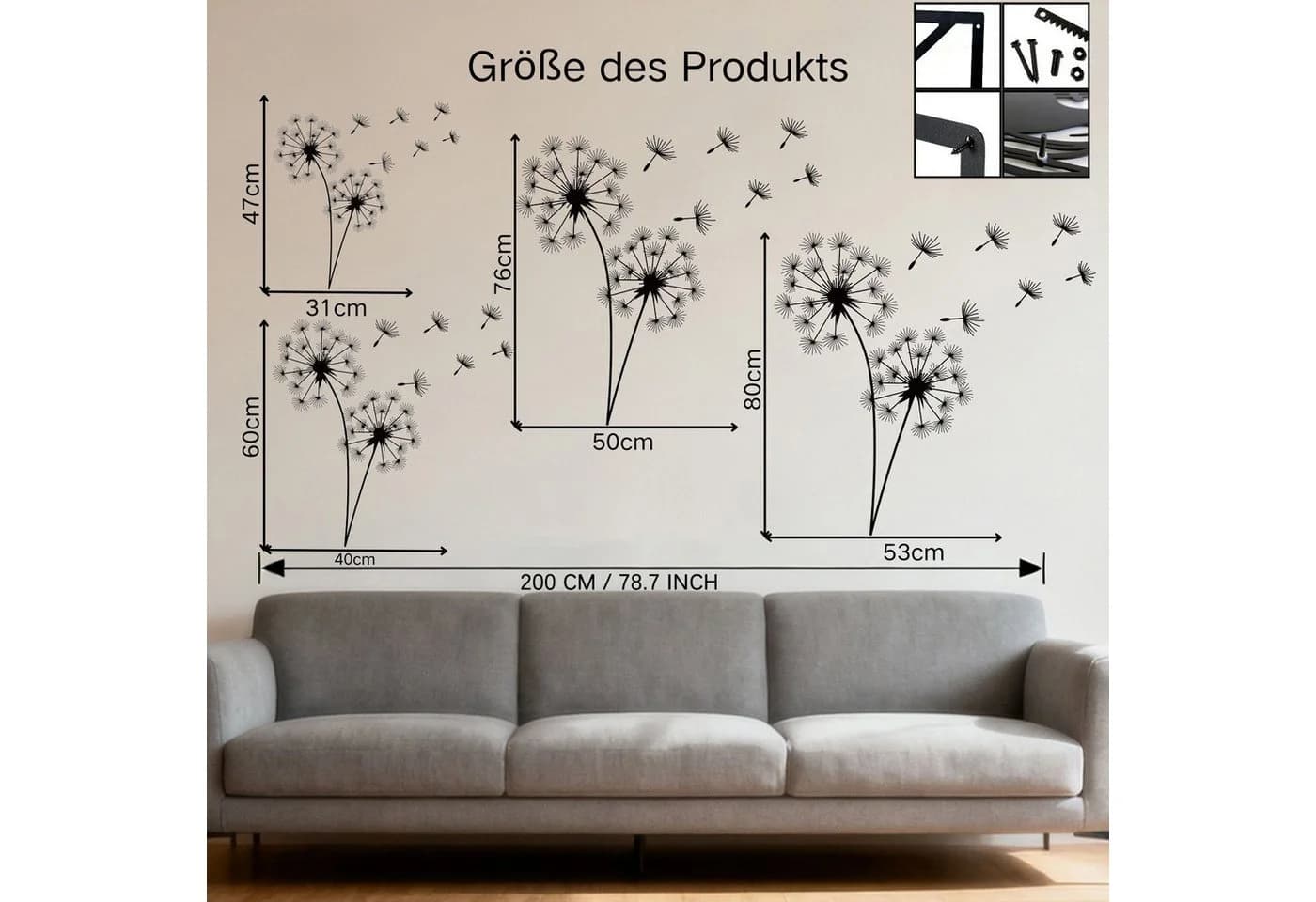 Jumpeak Wanddekoobjekt Pusteblume Metall Wanddekoration Schwarz - Bild 5