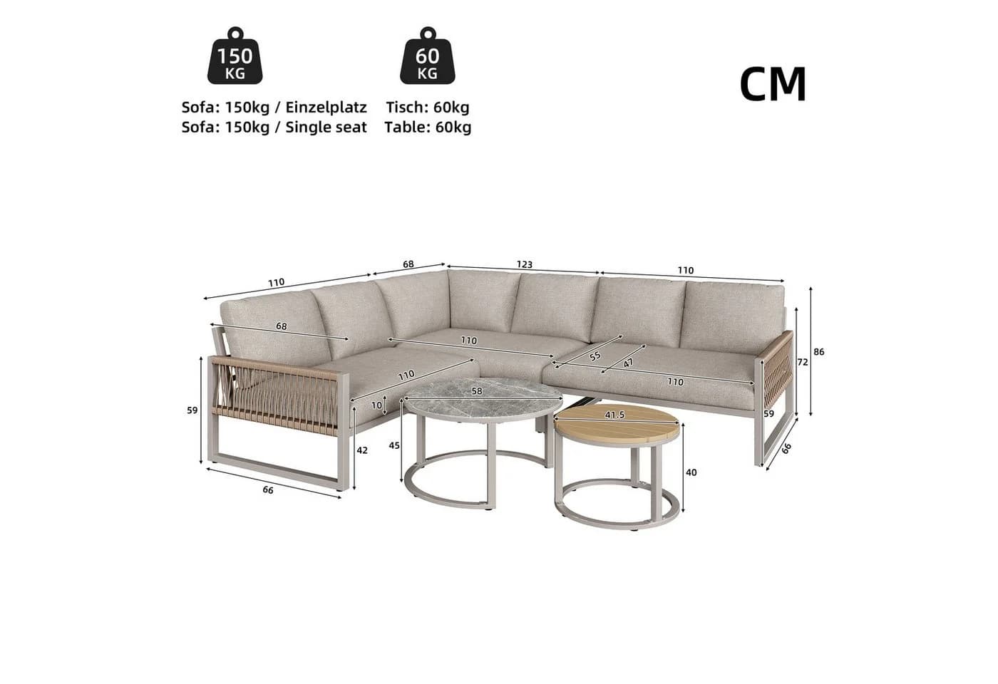 Celya Gartenlounge-Set 7-tlg. Beige mit verstellbaren Beinen