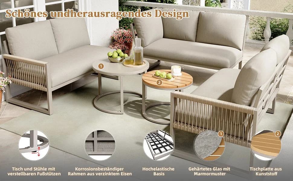 Celya Gartenlounge-Set 7-tlg. Beige mit verstellbaren Beinen - Bild 4