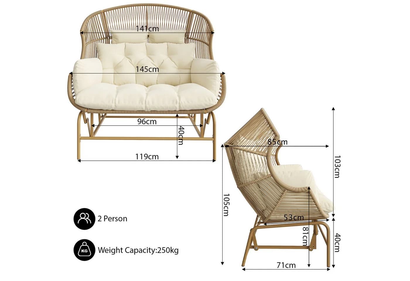 Celya Garten-Schaukelstuhl für 2 Personen, PE-Rattan Metallrahmen, braun