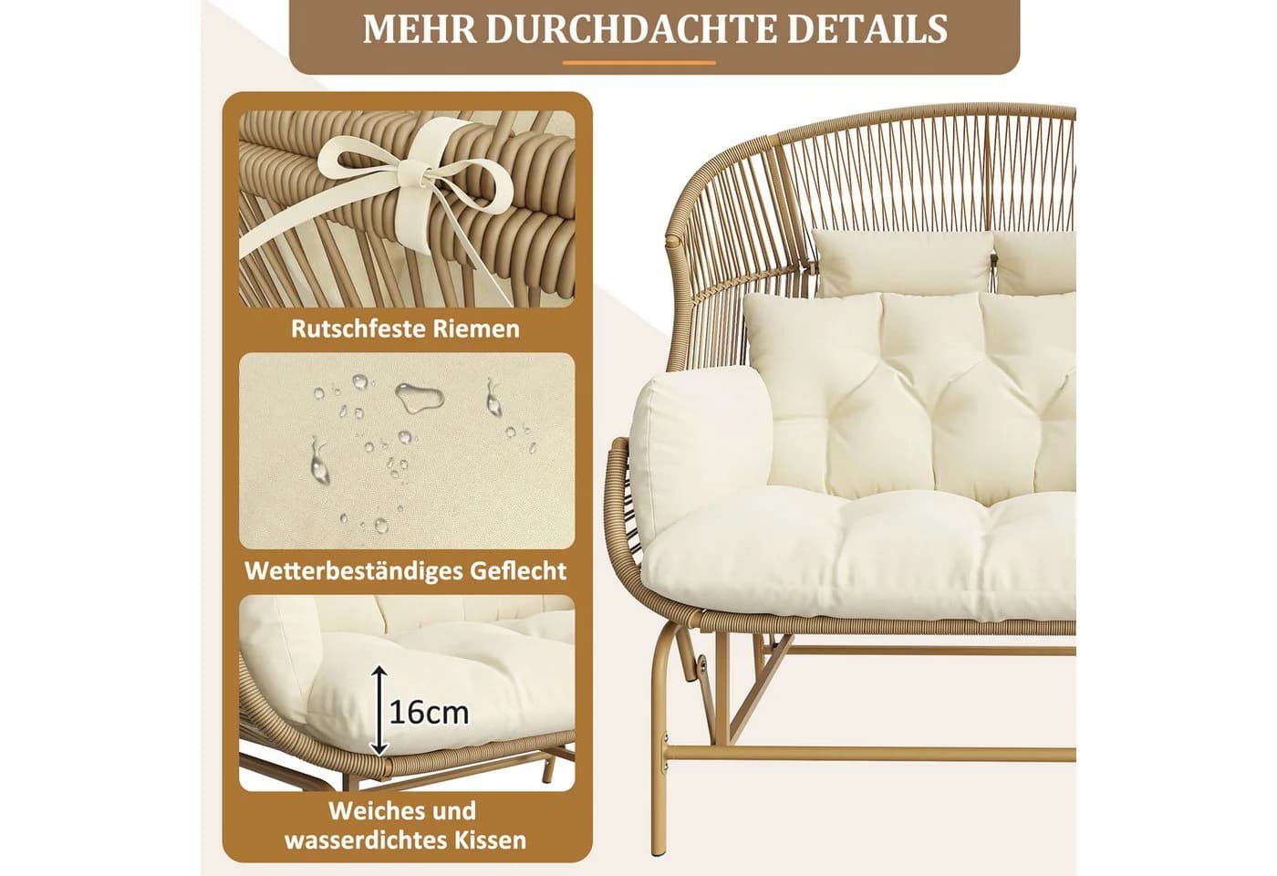 Celya Garten-Schaukelstuhl für 2 Personen, PE-Rattan Metallrahmen, braun - Bild 4