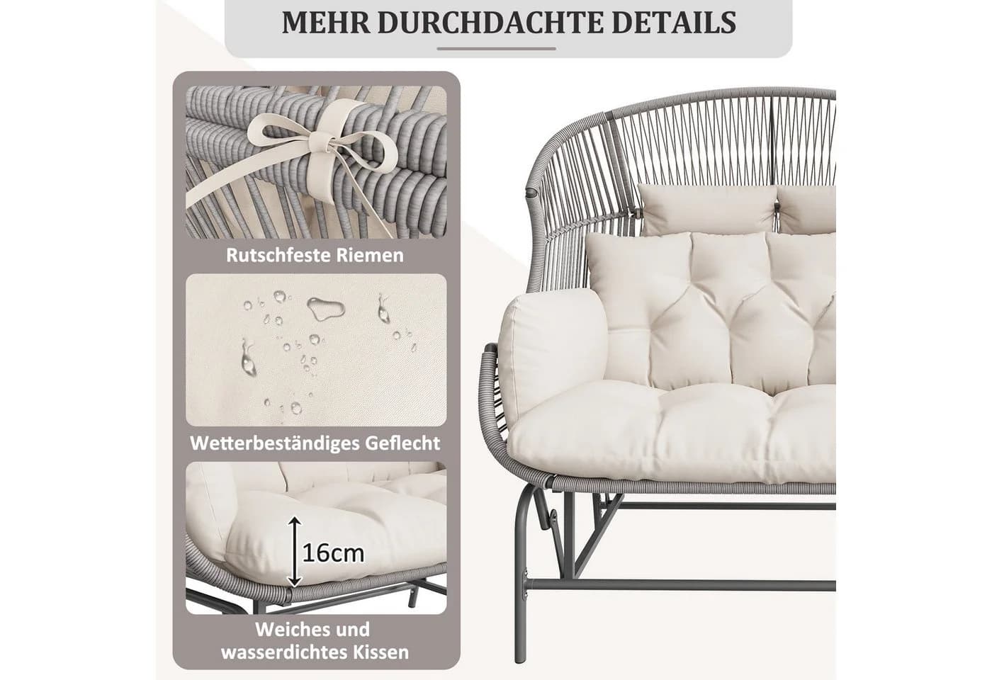 Celya Gartenbank Schaukelstuhl für zwei Personen Grau - Bild 3