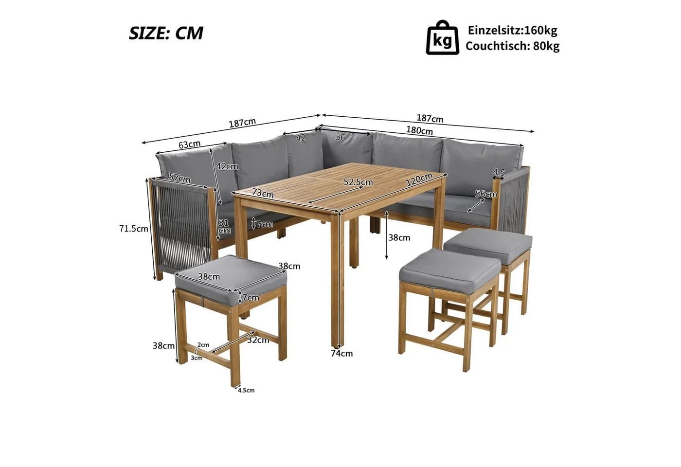 Celya Gartenlounge-Set 8-tlg. Grau/Natur Akazie Polyrattan