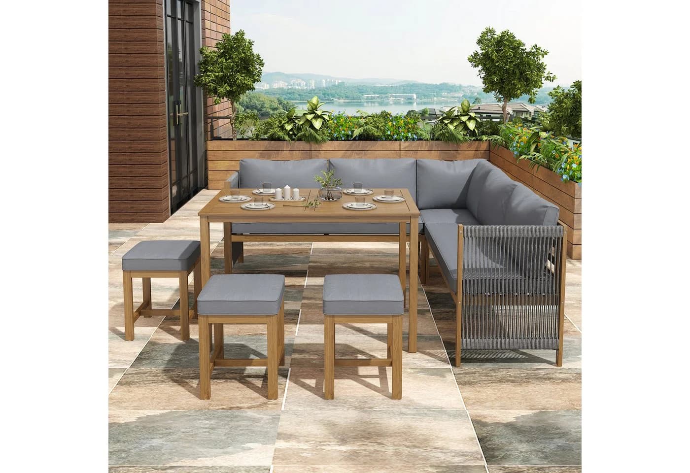 Celya Gartenlounge-Set 8-tlg. Grau/Natur Akazie Polyrattan - Bild 2