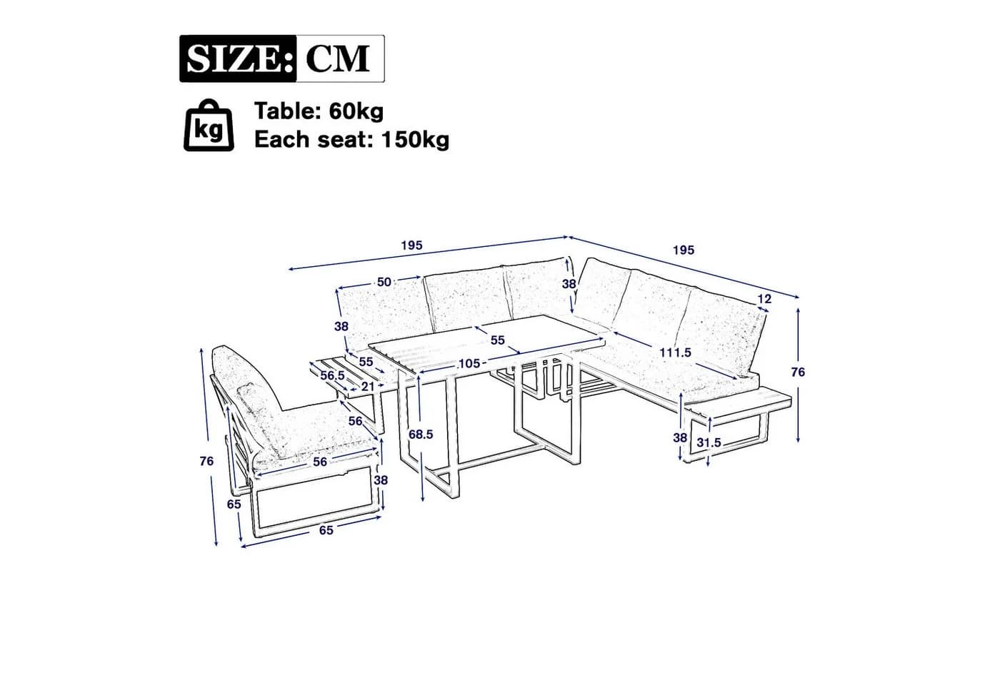 Celya Gartenlounge-Set 6-tlg. Grau mit Esstisch & Neigungsfunktion