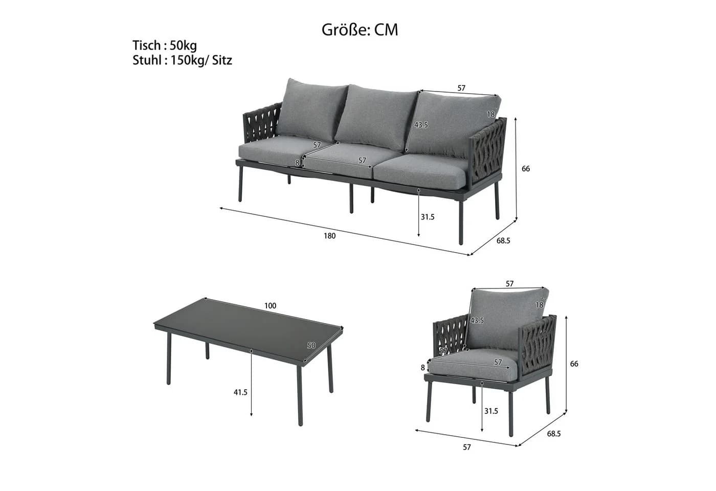 Celya Gartenlounge-Set 5-tlg. Grau mit Sofa, Sesseln & Glastisch