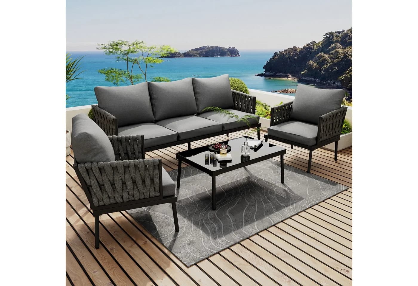 Celya Gartenlounge-Set 5-tlg. Grau mit Sofa, Sesseln & Glastisch - Bild 2