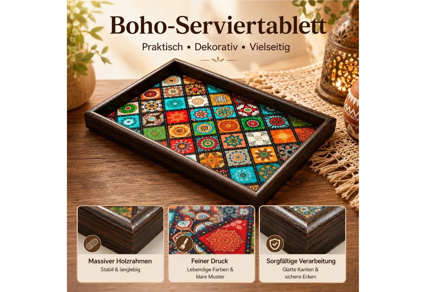 Jumpeak Serviertablett Boho Mosaik-Muster Holz - Bild 3