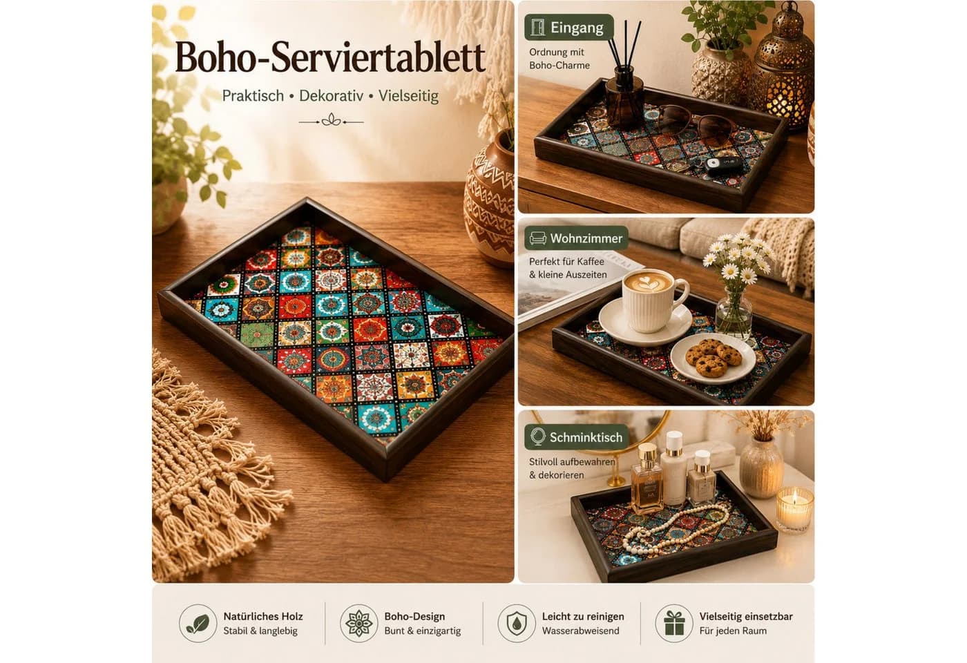 Jumpeak Serviertablett Boho Mosaik-Muster Holz - Bild 4