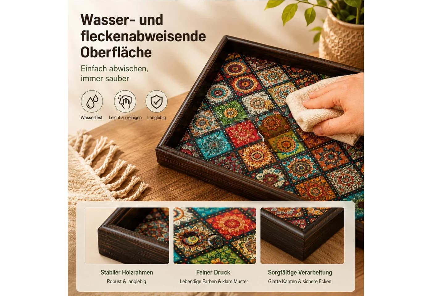 Jumpeak Serviertablett Boho Mosaik-Muster Holz - Bild 5