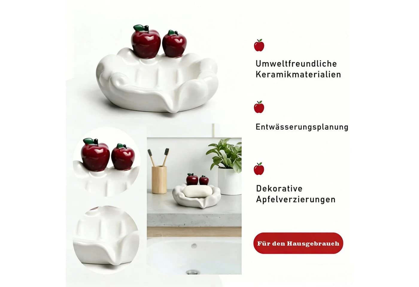 Jumpeak Seifenschale Keramik mit Abfluss Apfel-Design Schwarz/Weiß - Bild 4