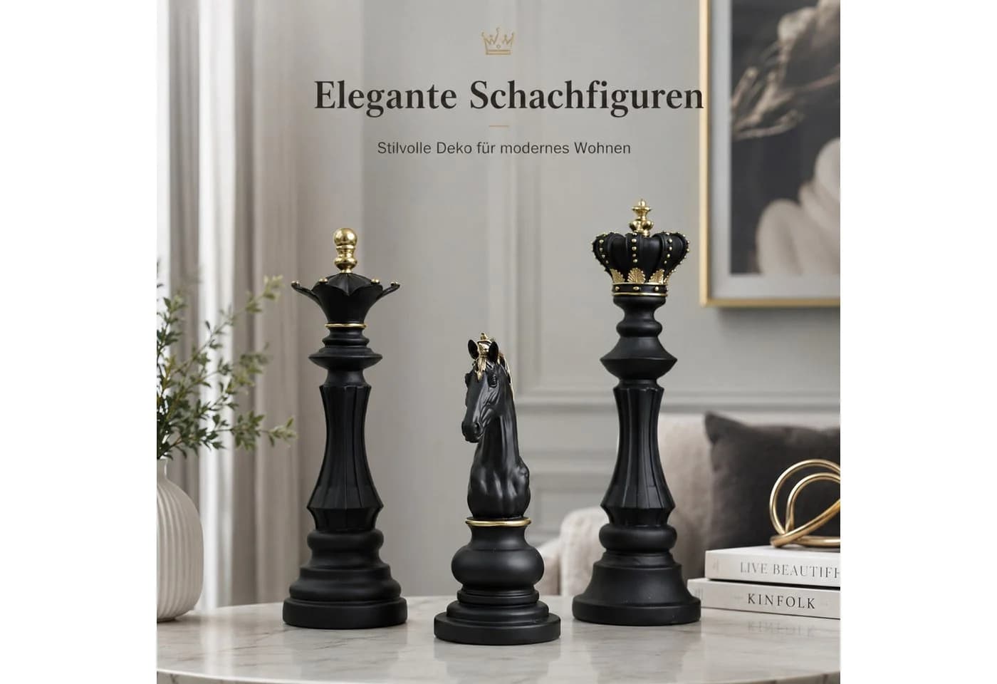 Jumpeak 3-teiliges Schachfiguren-Skulpturen-Set Schwarz/Weiß Kunstharz - Bild 3