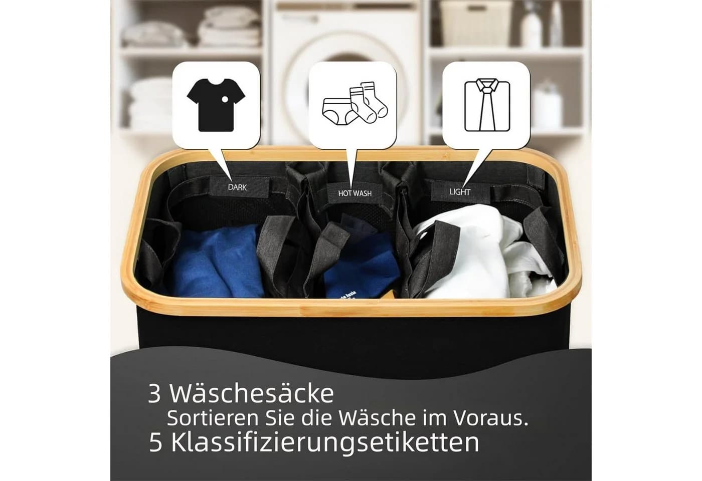 Jumpeak Wäschekorb 3 Fächer mit Deckel Faltbar - Bild 5