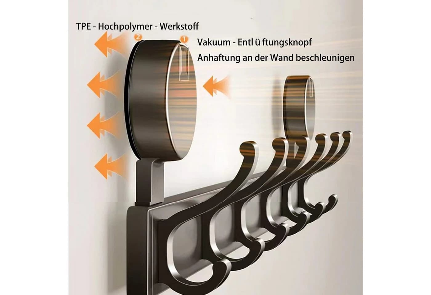 Jumpeak Wandhaken mit 6 Haken Grau Vakuum-Saugnapf - Bild 5